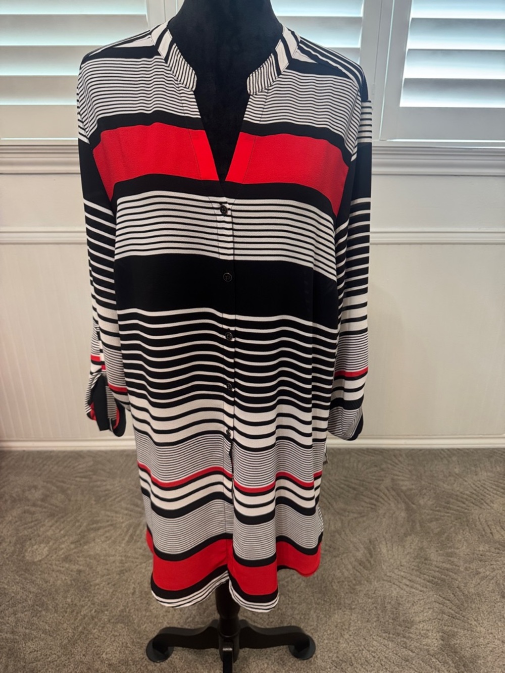 Chico's Black, White & Red Striped Long-Sleeve Tunic Dress